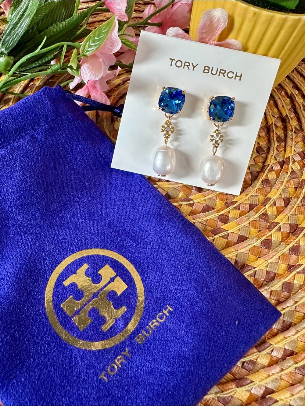 Tory Burch Gold, Blue & White Crystal Pearl Drop Earrings